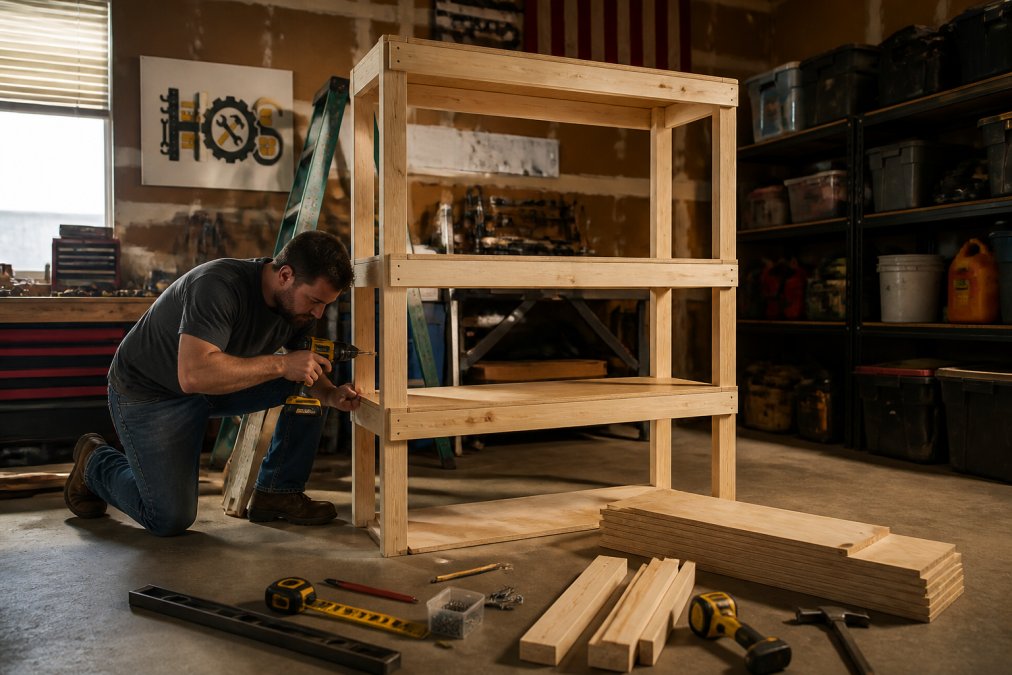 Homeowner assembling a DIY wooden shelving unit on a garage floor surrounded by tools and materials