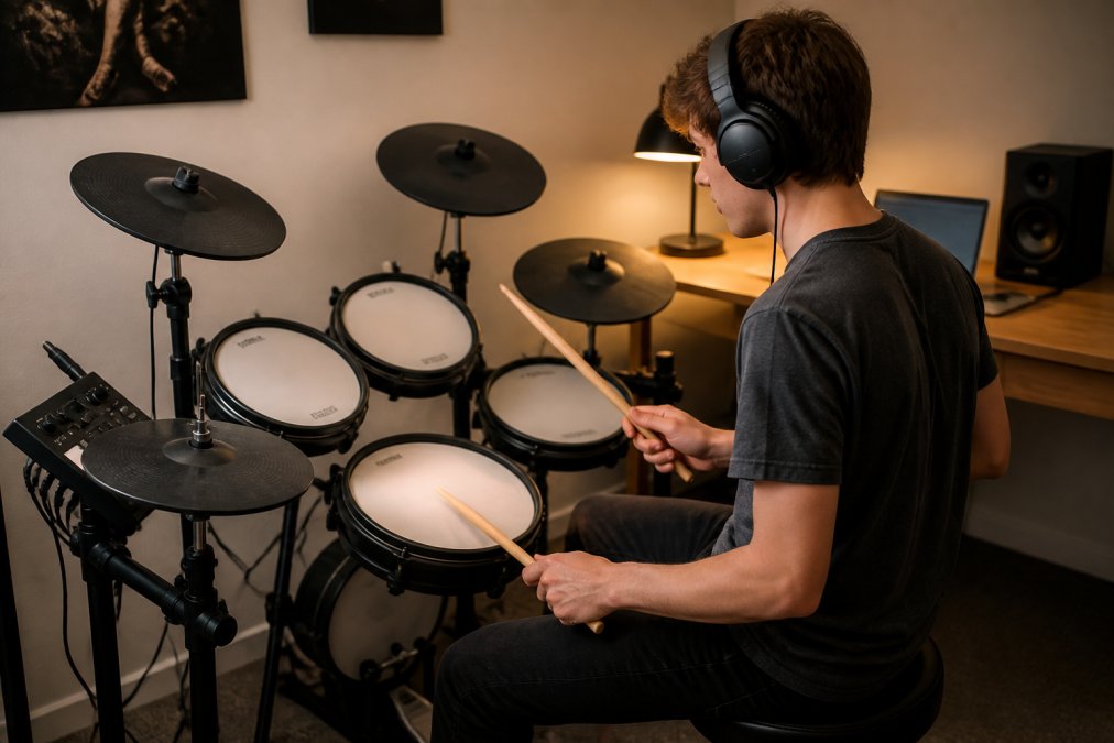 Diagram showing the setup process for beginner drum kits with mesh pads and laptop tutorials for home practice