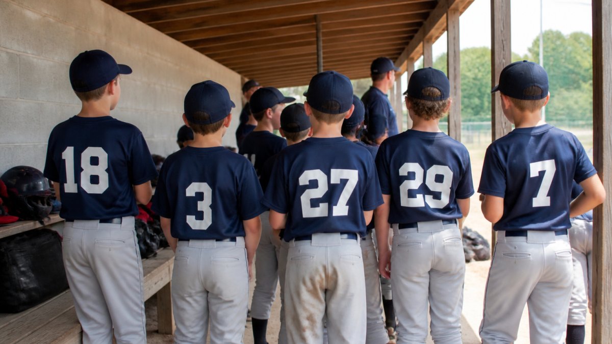 Youth baseball team wearing matching personalized t-shirts with team names and player numbers visible on the back, standing together in a dugout before game time