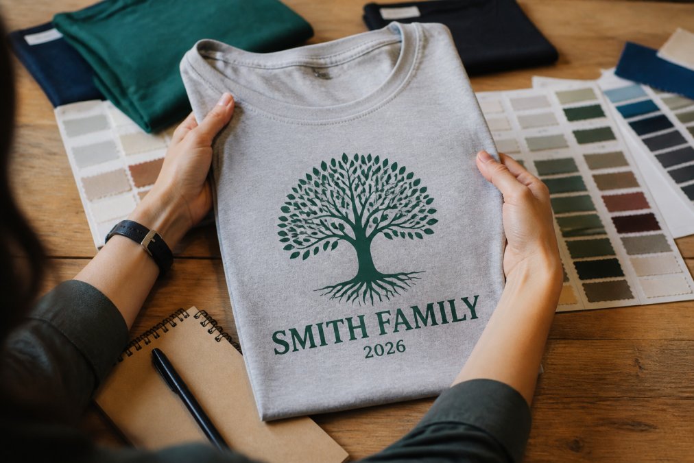 A close-up of a person's hands holding a custom family reunion t-shirt with a simple tree graphic and 'Smith Family 2026' text, with fabric swatches and a notebook nearby on a wooden table
