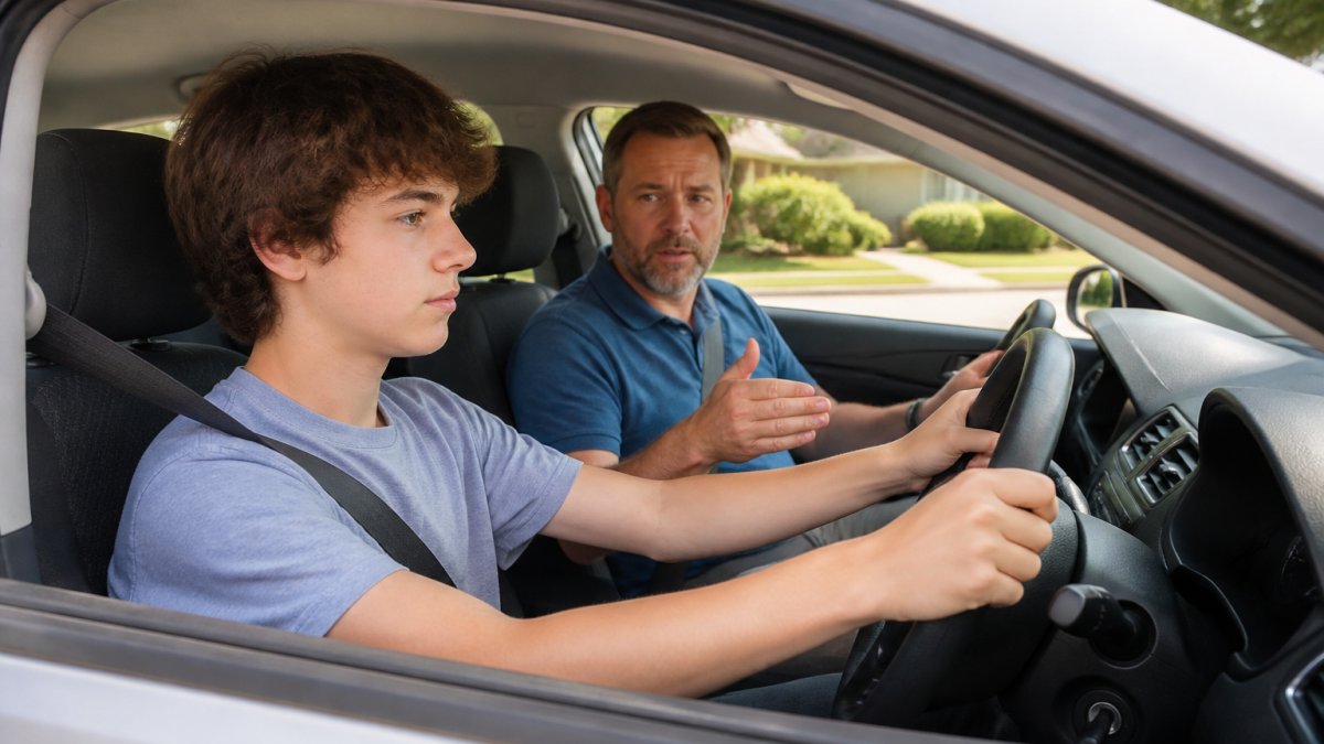 Teenage student sitting in driver's seat of car during behind-the-wheel lesson with instructor beside providing guidance, daytime suburban road setting with natural lighting
