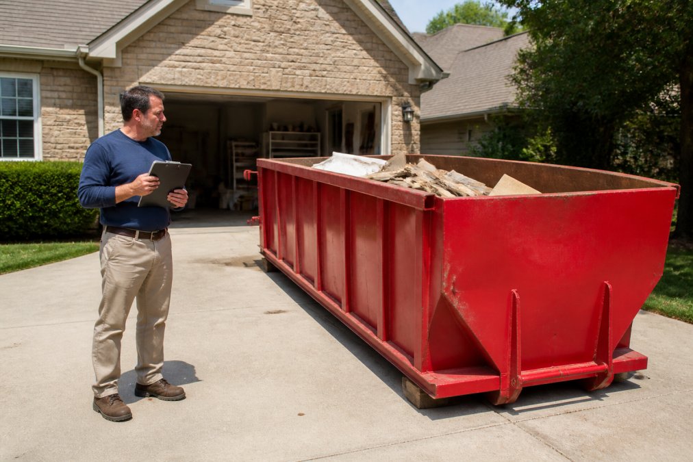A homeowner standing in a driveway next to a 15-yard roll-off dumpster, holding a clipboard and looking at the dumpster with a thoughtful expression, with a house and garage in the background