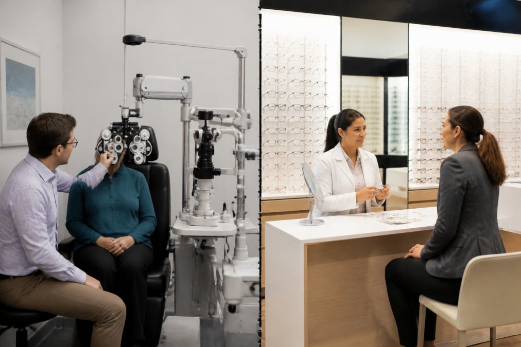 A friendly optometrist in a modern, well-lit exam room reviewing a patient's results on a digital screen, with advanced diagnostic equipment visible in the background