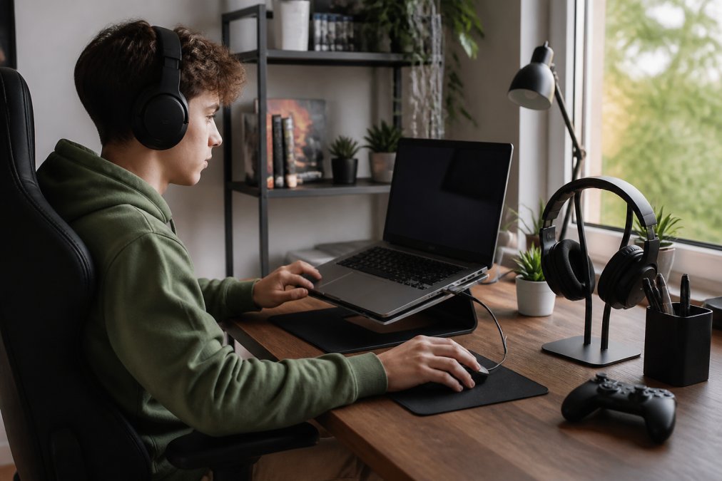 Beginner gamer using cheap gaming accessories like a wireless mouse and headset at a clean desk setup