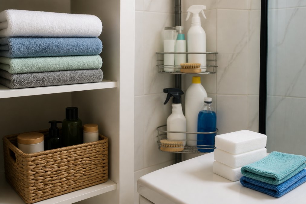 Organized bathroom shelf displaying folded towel set in soft colors, tension shower caddy with cleaning supplies neatly arranged, and magic erasers stacked beside microfiber cloths on white ceramic surface