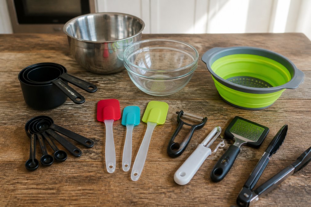 Flat lay of affordable kitchen tools arranged on a wooden counter, including measuring spoons, silicone spatulas, peelers, and mixing bowls in natural daylight