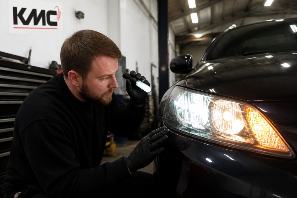 Mechanic performing a visual check on a car's headlights and indicators during an MOT inspection in a garage workshop, using a diagnostic torch to inspect bulb condition and alignment in bright overhead lighting