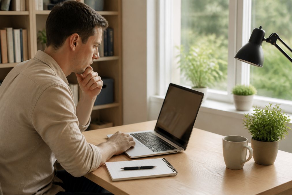 A person sitting at a desk with a laptop, reviewing an online personal licence application form, with a notepad and pen beside them in a bright home office