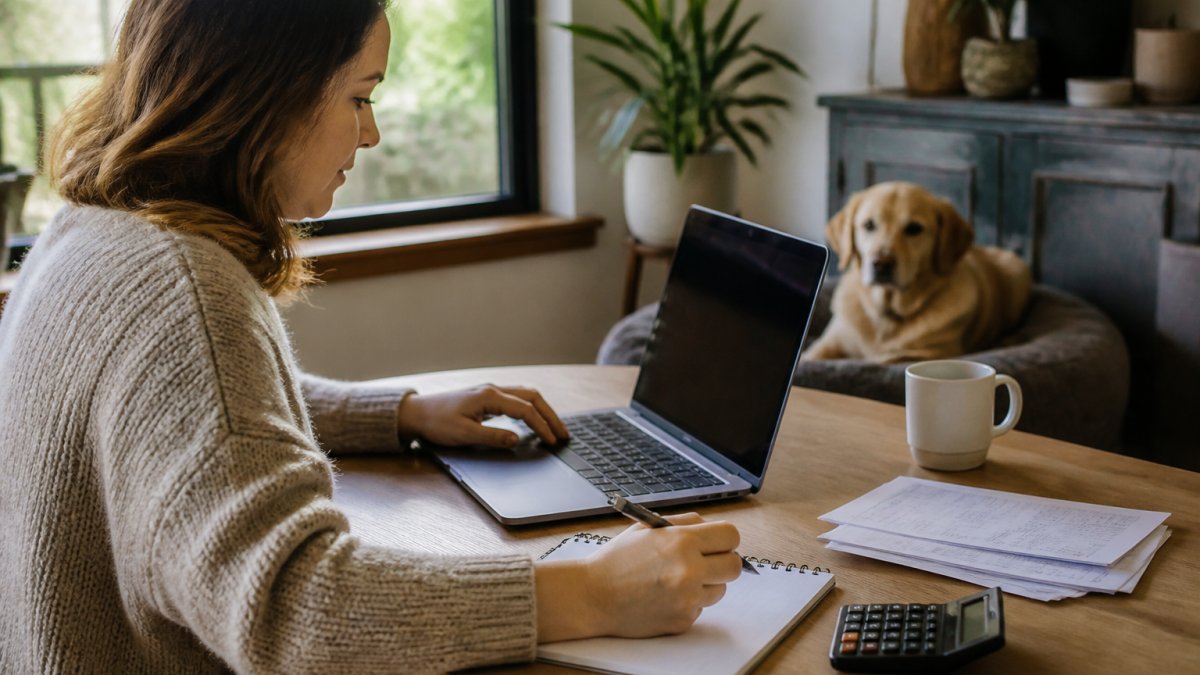 Pet owner checking postal code delivery options on a laptop with a dog relaxing nearby