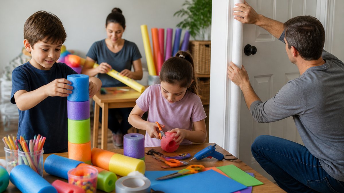 Children and adults using colorful foam noodles in various DIY projects indoors, including one child stacking noodles for building, one adult wrapping a white noodle around a door frame for padding, with craft supplies and tools scattered nearby on a wooden table