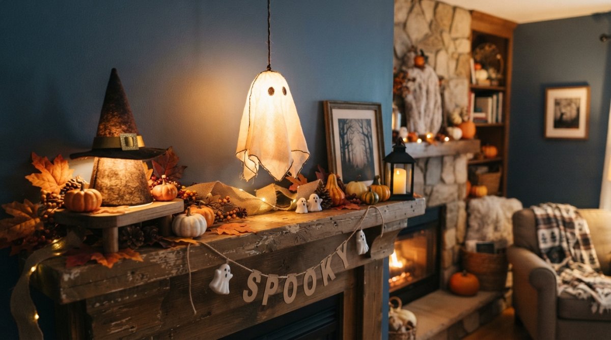 A cozy living room mantel styled with a glowing ghost pendant light and a small witch hat lamp, surrounded by autumn leaves and warm ambient lighting