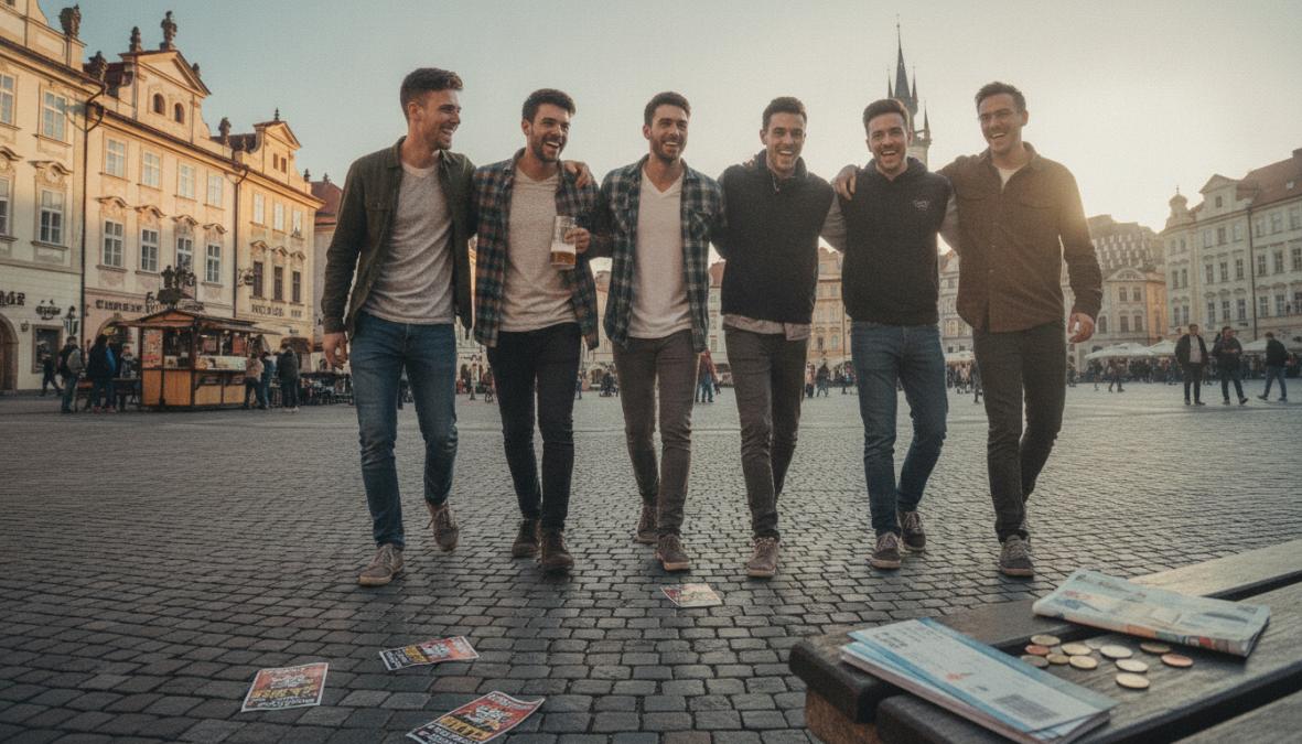 A diverse group of men in their late 20s celebrating outdoors in a vibrant European city square, with historic architecture, outdoor bars, and lively nightlife atmosphere visible in the background during golden hour