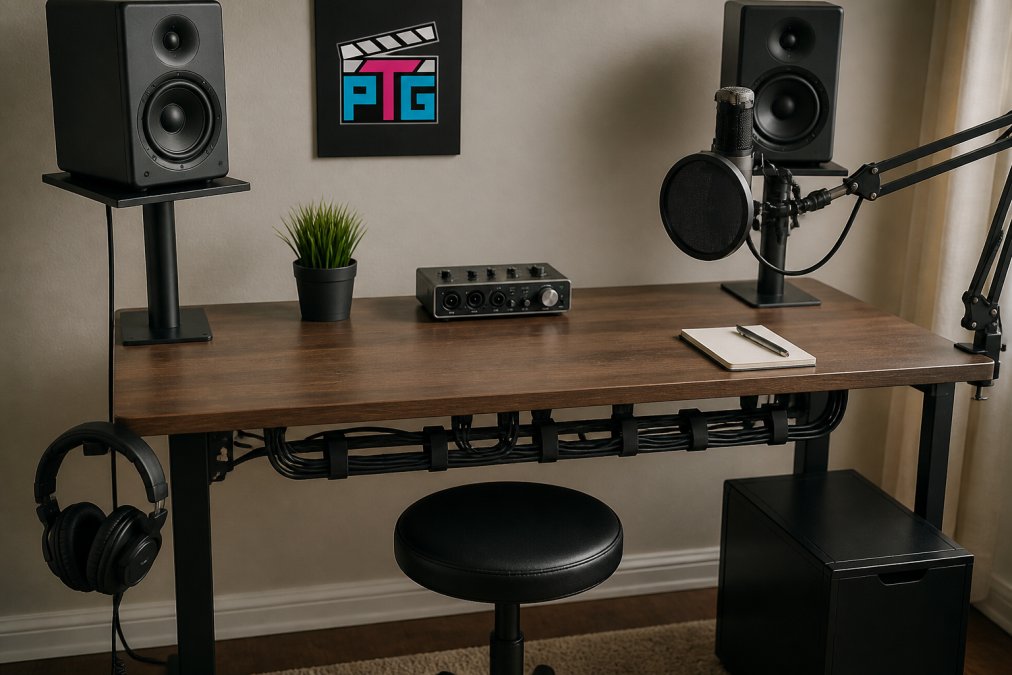 Compact home recording studio setup featuring a cheap studio desk with organized cables, monitors, and microphone.