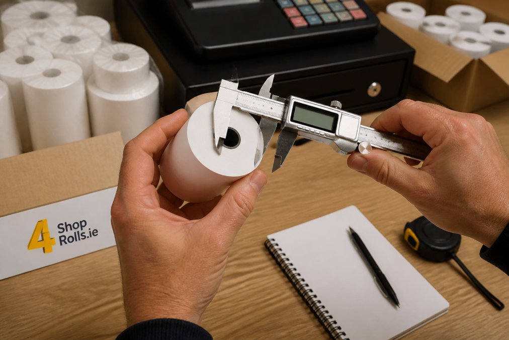 Close-up of hands holding a thermal receipt roll next to a digital calliper measuring the core diameter, with restaurant till equipment visible in the background