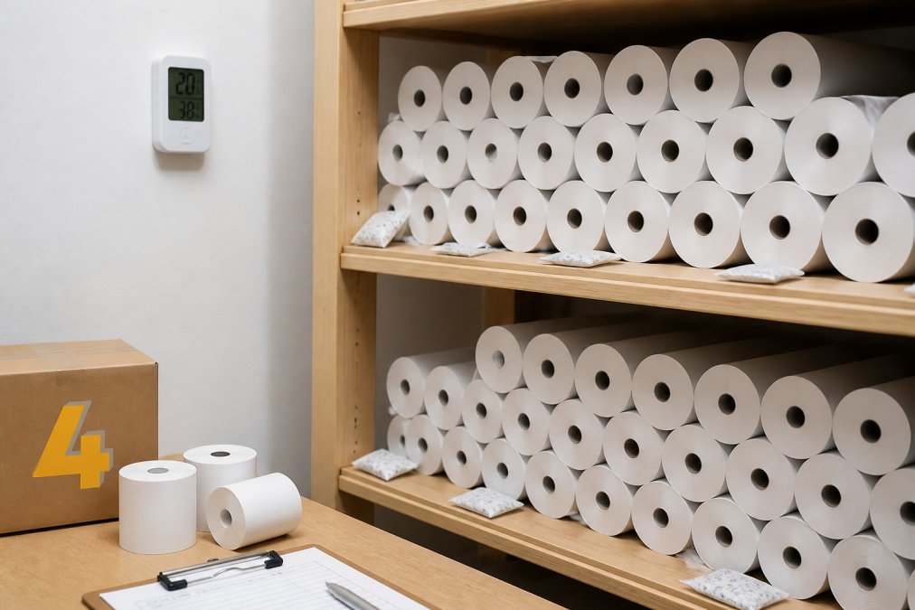 Neatly organised thermal receipt rolls stacked horizontally on wooden shelves in a cool, dry storage room with silica gel packets on the shelf edge and a humidity monitor visible on the wall