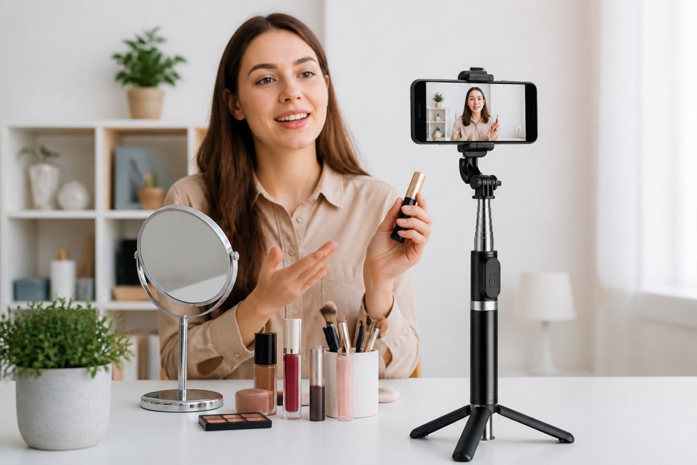 Content creator recording a vlog on a smartphone mounted on a compact tripod in a home studio setup with natural lighting and white background