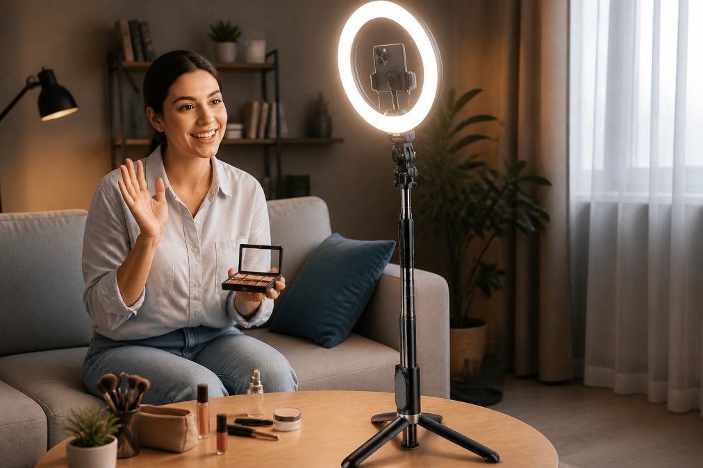 Ring light mounted on a tripod with a smartphone attached, illuminating a person recording a live stream or tutorial in a home studio setting