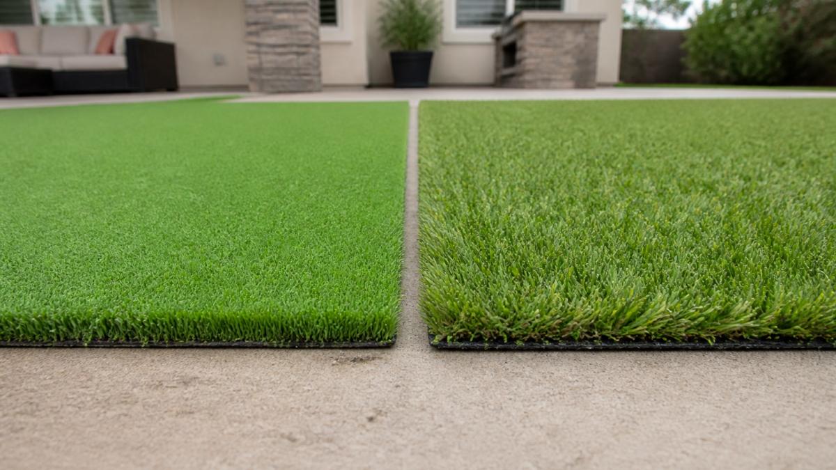 Close-up of budget synthetic grass showing uniform green color and flat texture next to premium synthetic grass with quad-color variation and realistic blade texture in residential backyard setting
