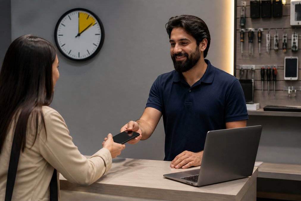 A customer handing a smartphone to a technician at a repair counter, with a clock on the wall showing 45 minutes, and a laptop open on the counter