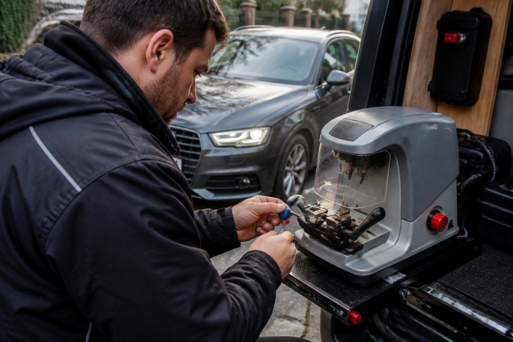 Mobile auto locksmith technician using diagnostic equipment to programme a replacement car key at the roadside, with a vehicle visible in the background