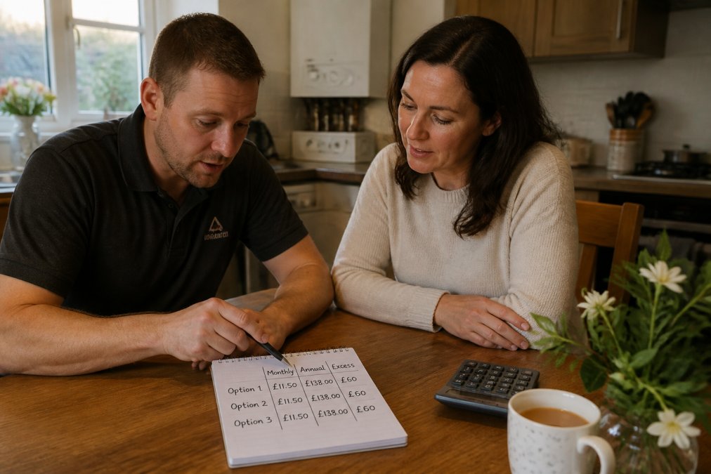 A simple handwritten comparison on a notepad showing monthly premium, annual total and excess side by side, with a calculator and a cup of tea on a kitchen table