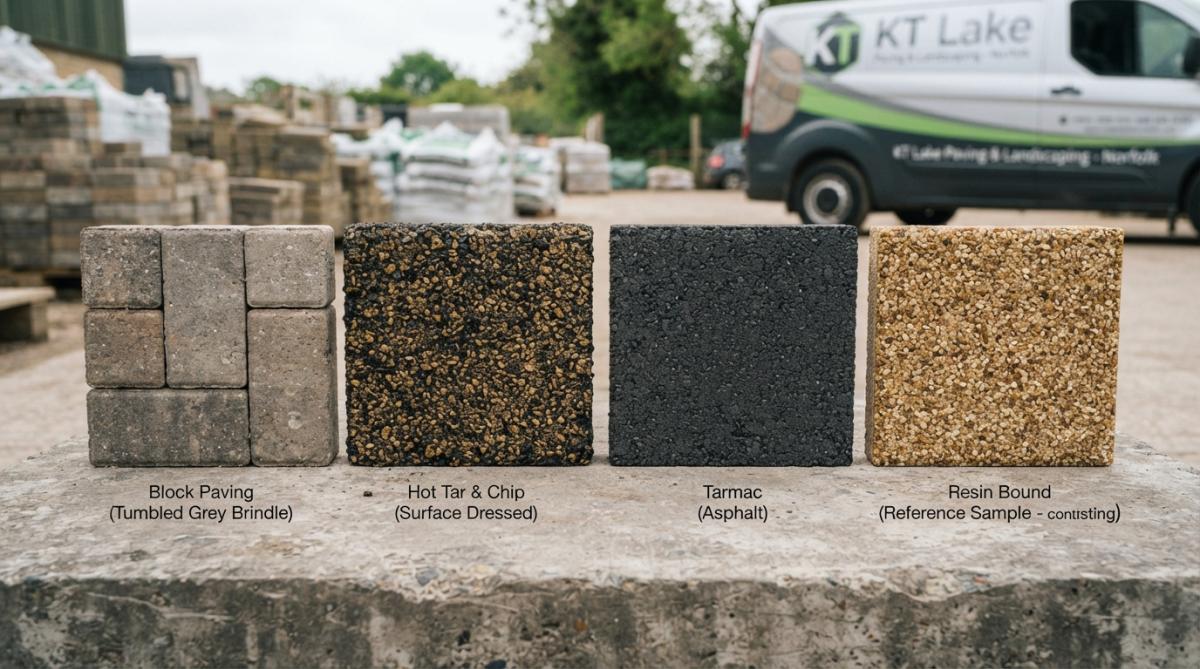 Four distinct driveway surfaces photographed side by side in natural daylight, loose gravel with visible stone texture, dark tarmac with smooth finish, interlocked block paving in earth tones, and tar and chip with characteristic speckled appearance