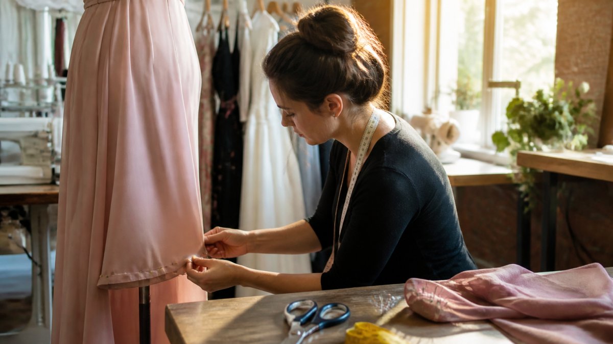 A seamstress carefully pinning the hem of a formal gown on a dress form in a bright tailoring studio, with measuring tape and fabric scissors nearby