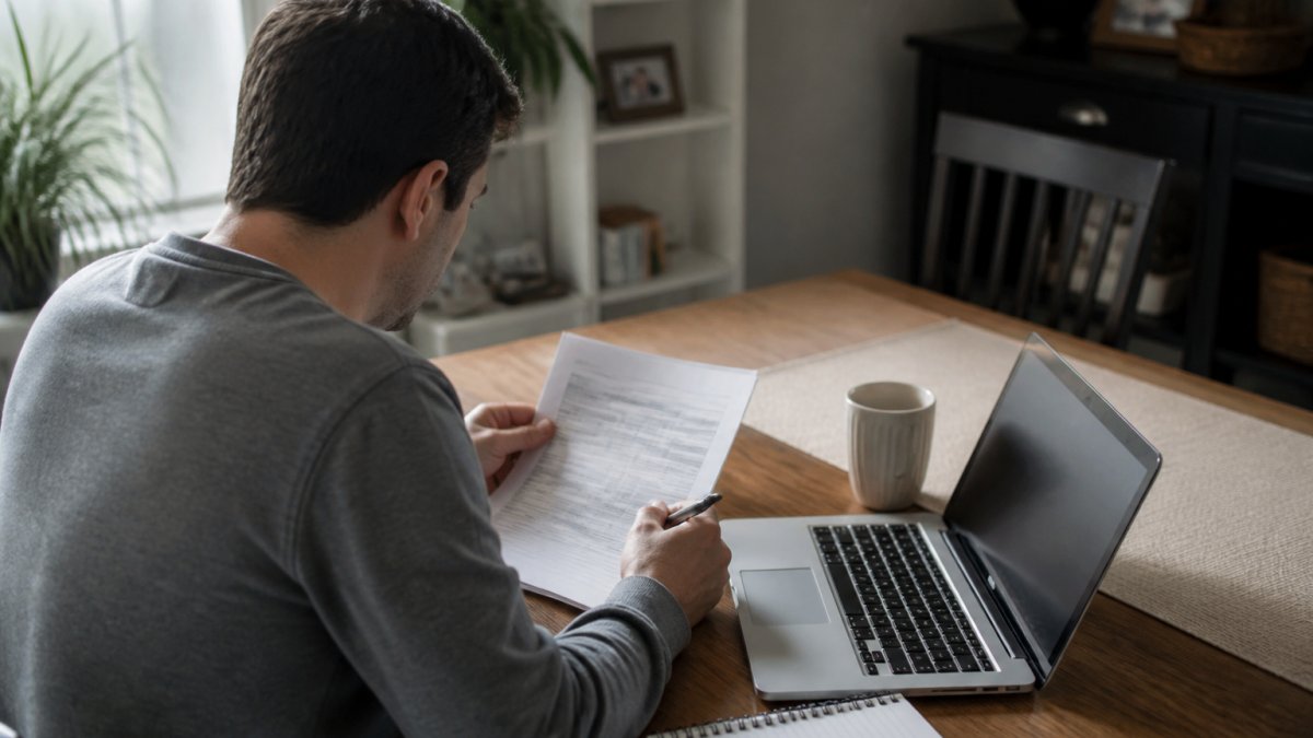 Professional reviewing insurance documents and comparing quotes on a laptop at a home desk with a notebook and pen nearby