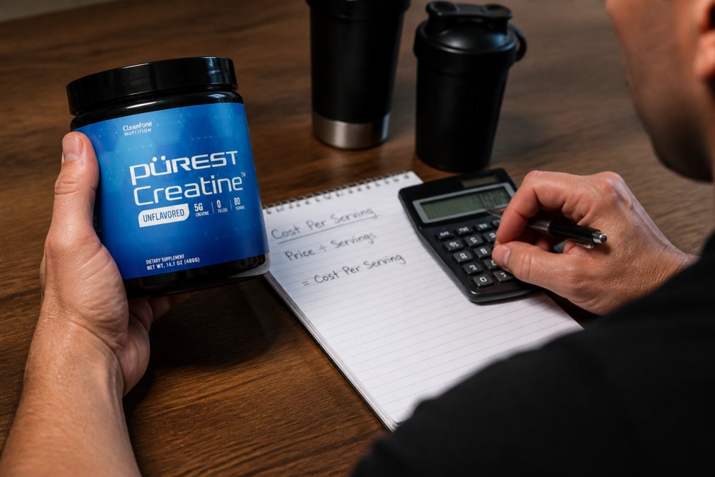 Close-up of hands holding a supplement container and calculator, showing someone calculating cost per serving on a notebook with product labels visible