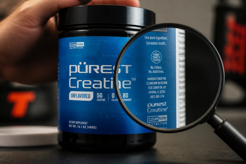 Detailed shot of authentic supplement label showing third-party testing badge, ingredient list, and manufacturer information under bright lighting with magnifying glass visible