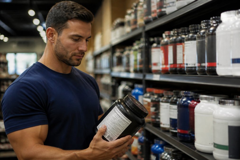 A shopper in a supplement store picking up a whey protein tub and reading the nutritional label while multiple brands sit on the shelf behind them, bright retail lighting