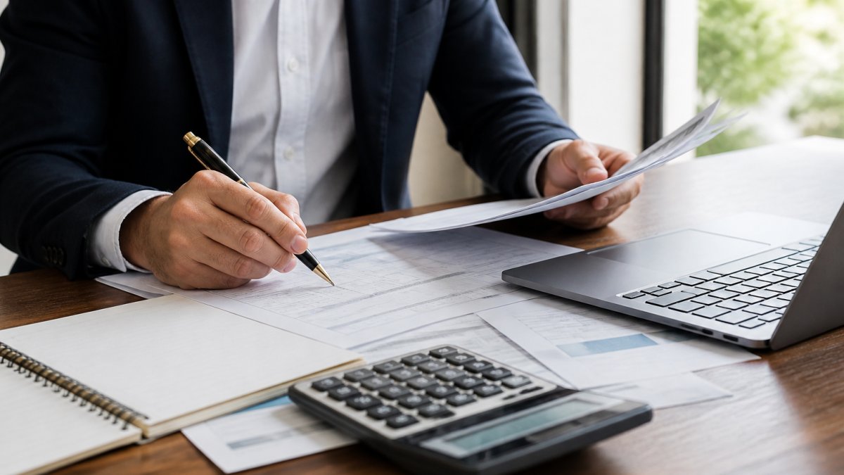 Professional reviewing loan documents and calculator on a desk with laptop, analyzing financing options in bright office setting