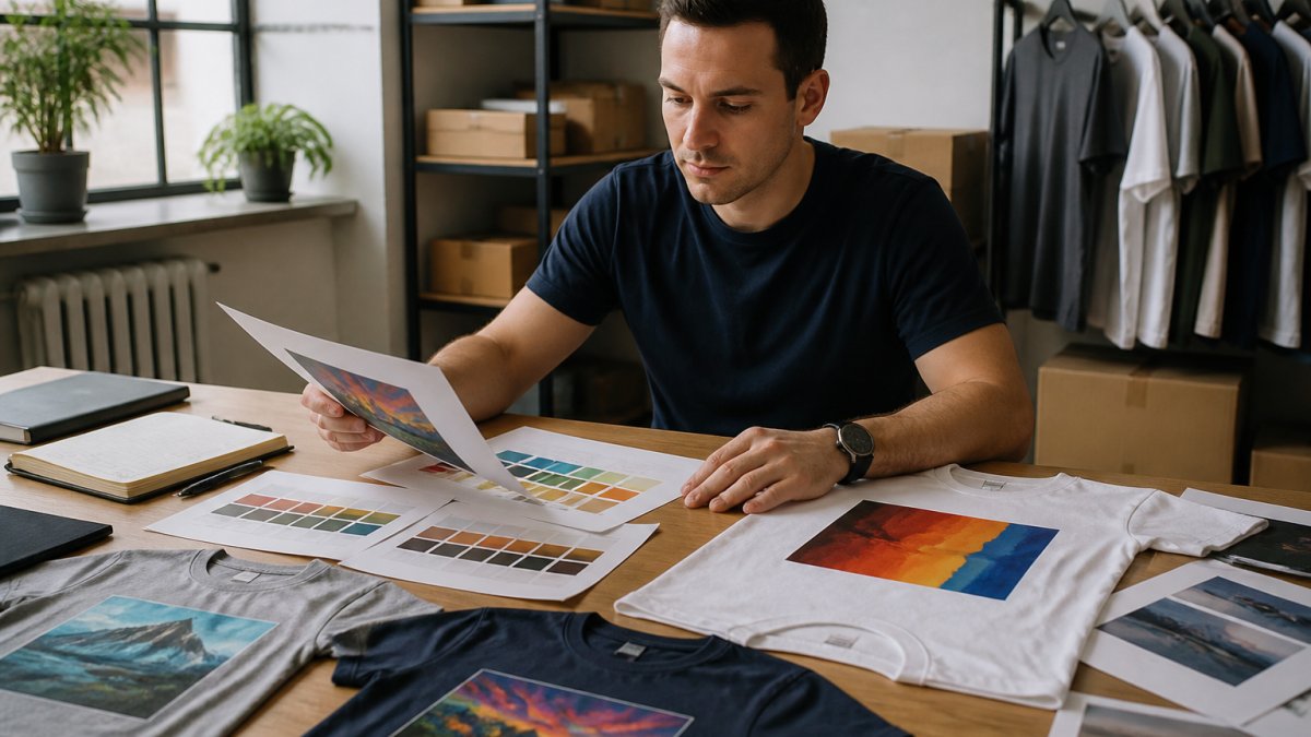 Designer comparing fabric quality and design samples for bulk printing