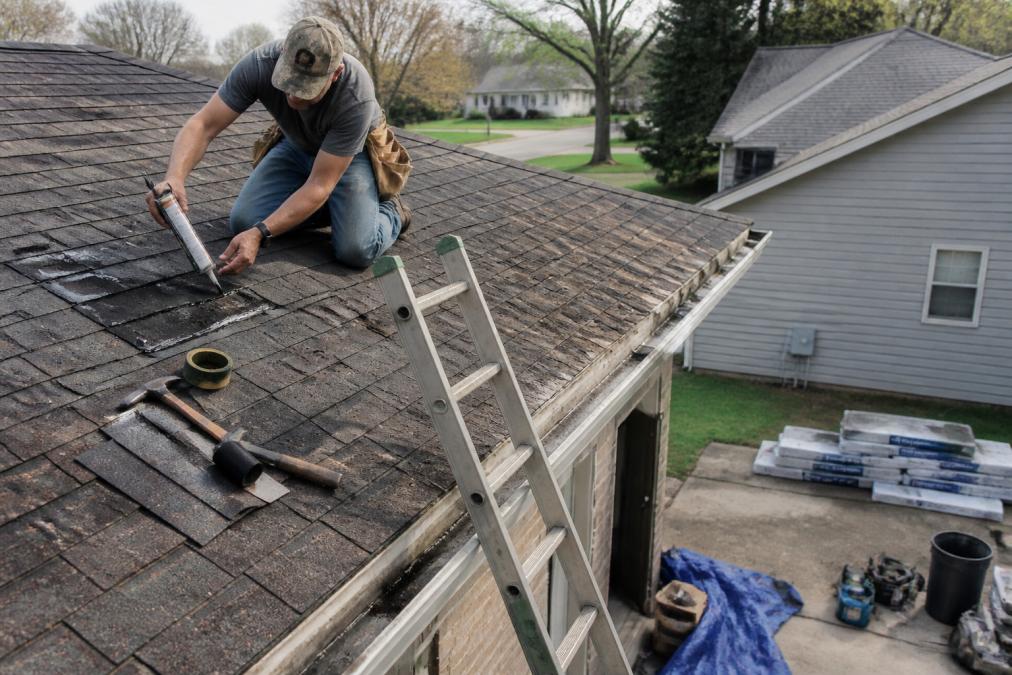 Homeowner applying sealant to an asphalt shingle roof for cheapest roof repair safely from a ladder