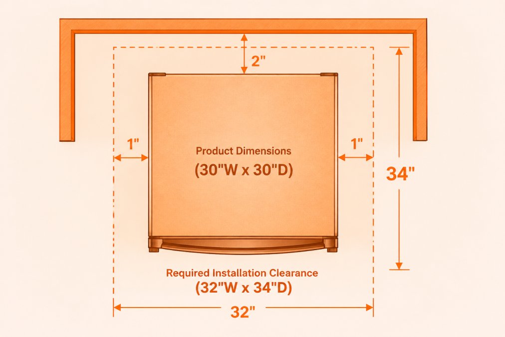 A top-down diagram showing a refrigerator as a shaded rectangle labeled 'Product Dimensions (30"W x 30"D)', surrounded by a dashed outline labeled 'Required Installation Clearance (32"W x 34"D)', with arrows indicating the 1-inch side gaps and 2-inch rear gap