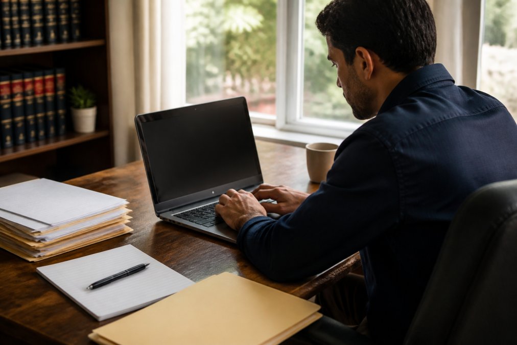 Person sitting at home on a laptop searching a court portal database, with legal documents and notepad visible on desk, natural window lighting