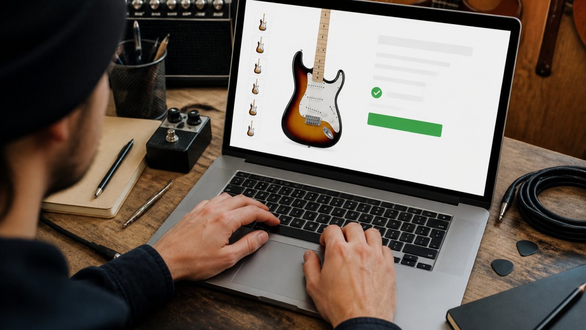 Close-up of hands using a laptop to browse an online music retailer's website, with a musical instrument visible on the screen and stock status indicators clearly shown
