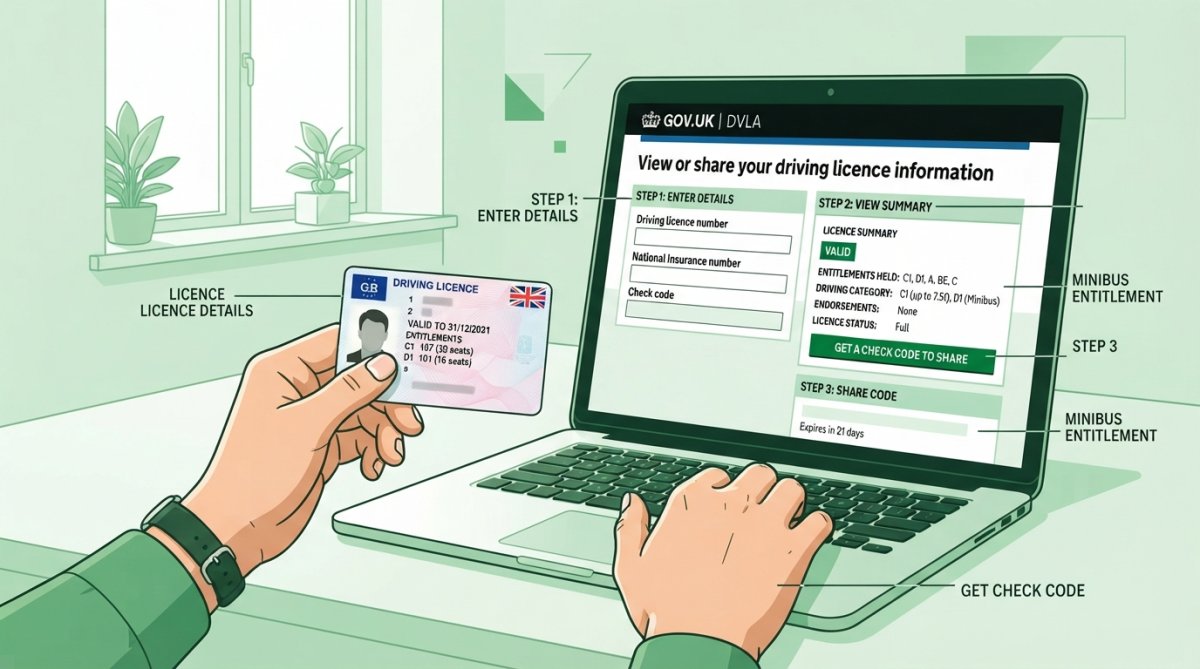 Person's hands holding a UK driving licence whilst looking at a laptop screen displaying the DVLA online portal, showing a bright, modern home office environment with natural light