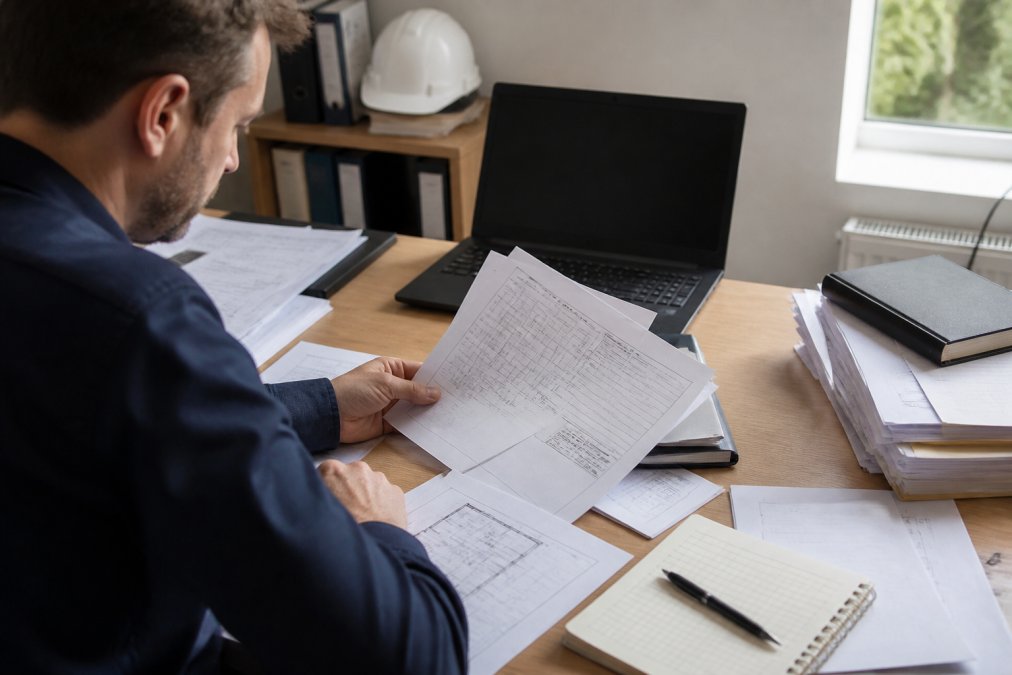 Property owner or developer reviewing planning documents and local authority records on a desk with a laptop, notepad, and building plans visible