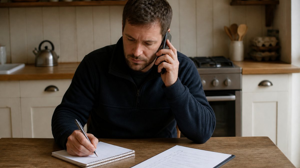 Professional landlord sitting at desk with reference checklist and notepad, taking detailed notes during phone call with previous landlord, natural office lighting