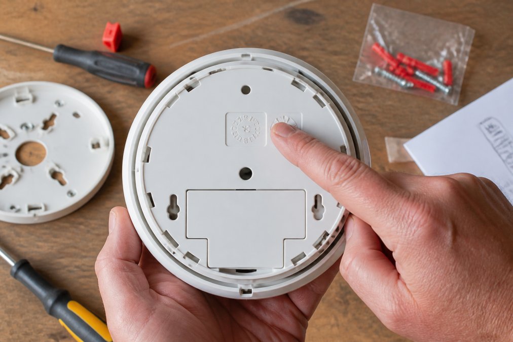 Close-up of a hand holding a smoke alarm unit, pointing to the manufacture date stamp on the back of the device in natural light