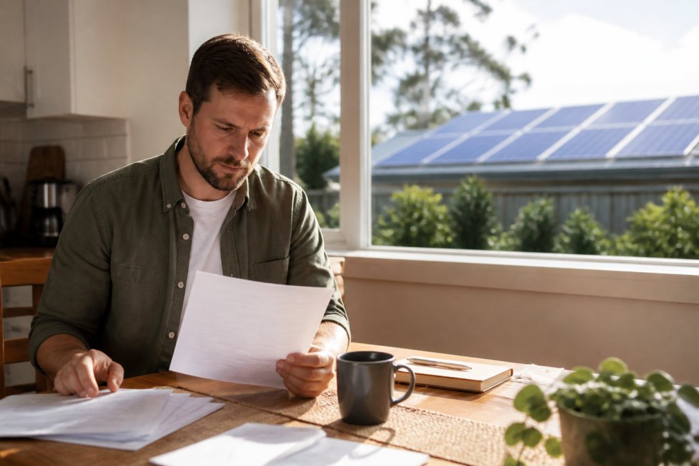 Flowchart detailing the eligibility process for securing a solar battery loan while reviewing home finances.