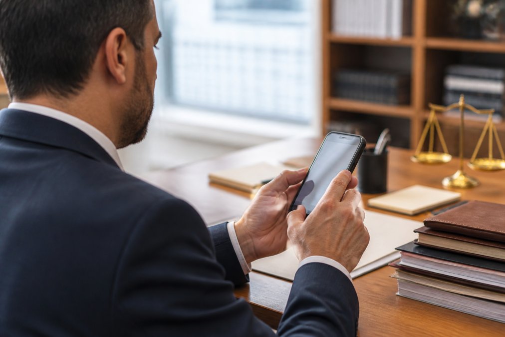 Professional demonstrating how to check van nuys court case status online by viewing LA Superior Court portal on smartphone screen in modern office setting with natural lighting