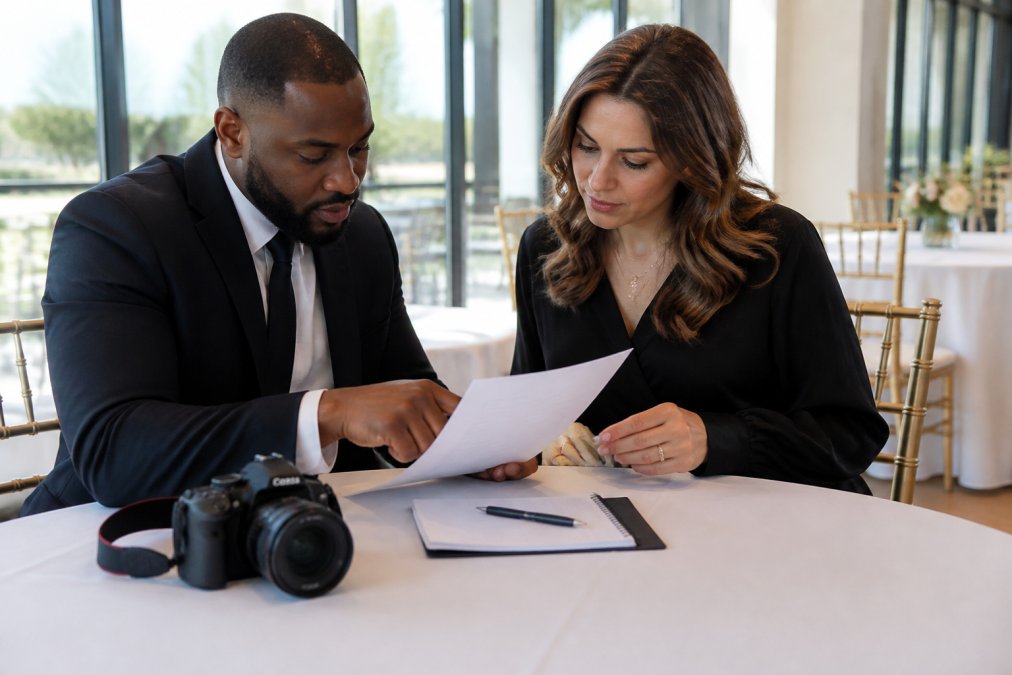 A professional event photographer in business attire reviewing a printed shot list with a client at a venue table, camera and notebook visible, bright natural light from large windows
