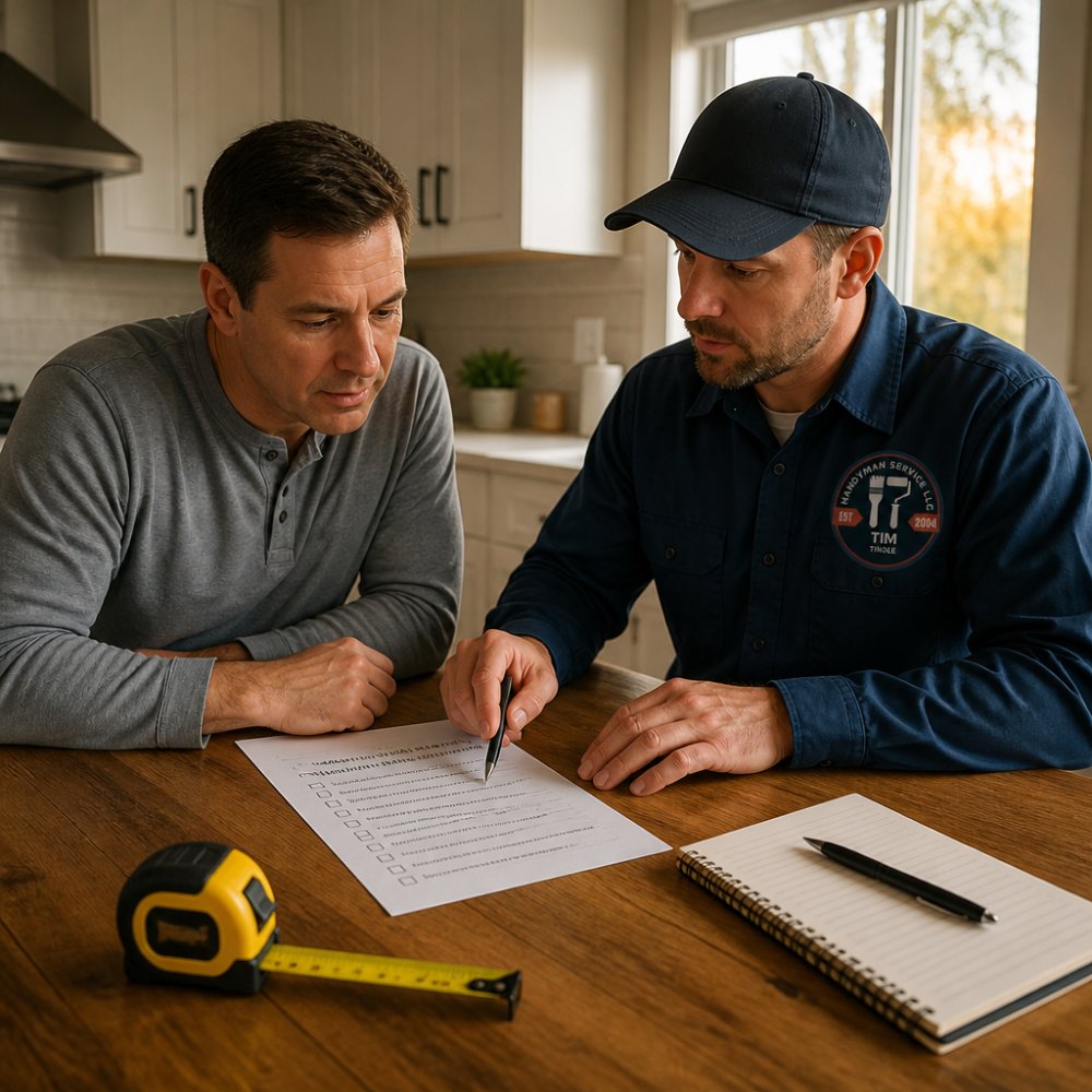 A homeowner at a kitchen table reviewing a printed checklist while a handyman in a work shirt points to a repair detail, notebook and tape measure on the table, warm afternoon light through the window
