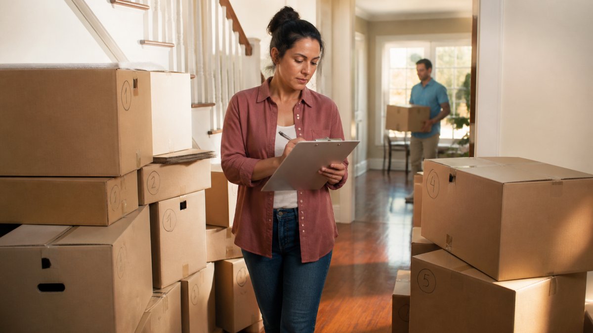 A person with a clipboard and numbered box labels standing between stacked moving boxes in a hallway, checking items off a room-by-room list