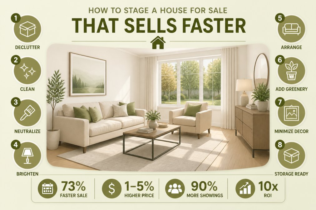 Bright, minimalist living room with neutral furniture, natural light, and decluttered surfaces ready for showing