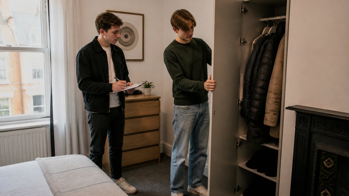 Two students in their early twenties inspecting a rented bedroom in a shared house, one opening a wardrobe door while the other takes notes on a clipboard, natural daylight from a window, neutral decor