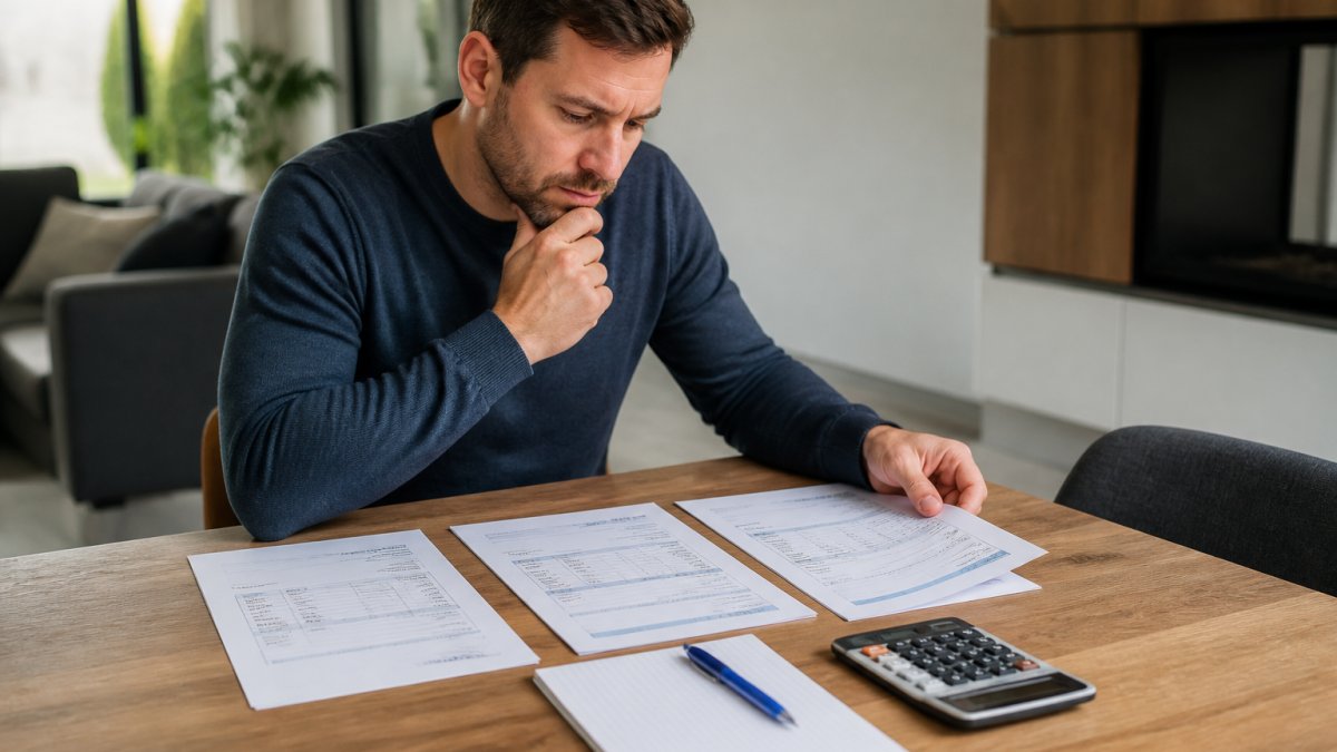 Huiseigenaar legt drie gedrukte offertes naast elkaar op een keukentafel, met een notitieblok en rekenmachine erbij, in een helder verlichte woonkamer