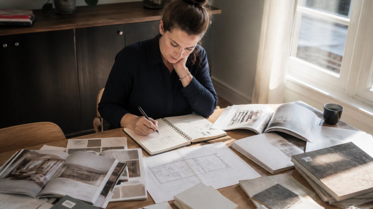 Huiseigenaar zit aan tafel met schetsblok en pen, omringd door meubelcatalogi en renovatietijdschriften, zonlicht valt door het raam, notities liggen uitgespreid